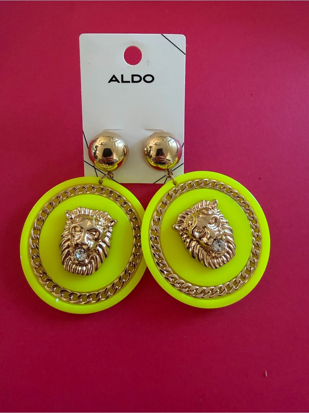 ALDO Neon Yellow Lion Medallion Drop Earrings with Gold Accents